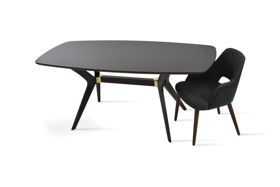 Sabrina Dining Chair by SohoConcept, showing different angle view of sabrina dining chair armrests/black boucle fabric/black ppm-fr with table.