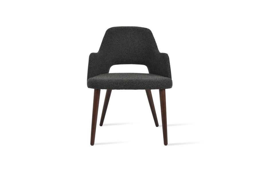 Sabrina Dining Chair by SohoConcept, showing front view of sabrina dining chair armrests/black boucle fabric/black ppm-fr.
