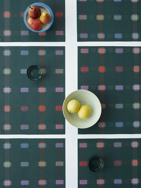Sampler Tabletop by Chilewich, showing closeup view of sampler tabletops in live shot.