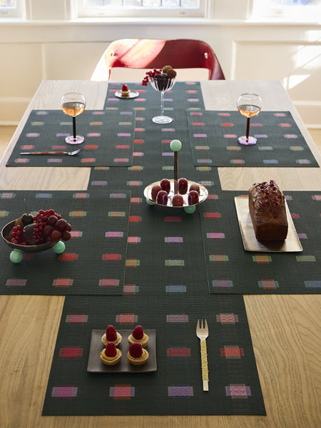 Sampler Tabletop by Chilewich, showing closeup view of sampler tabletops in live shot.
