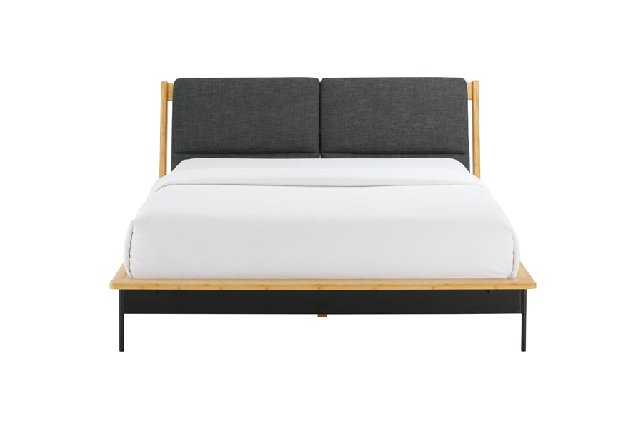 Santa Cruz Platform Bed with Fabric by Greenington, showing front view of santa cruz platform bed with fabric in wheat.