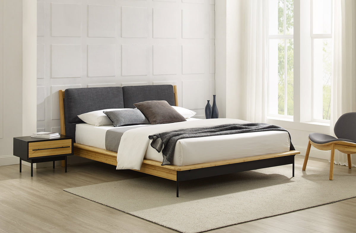 Santa Cruz Platform Bed with Fabric by Greenington, showing santa cruz platform bed with fabric in live shot.