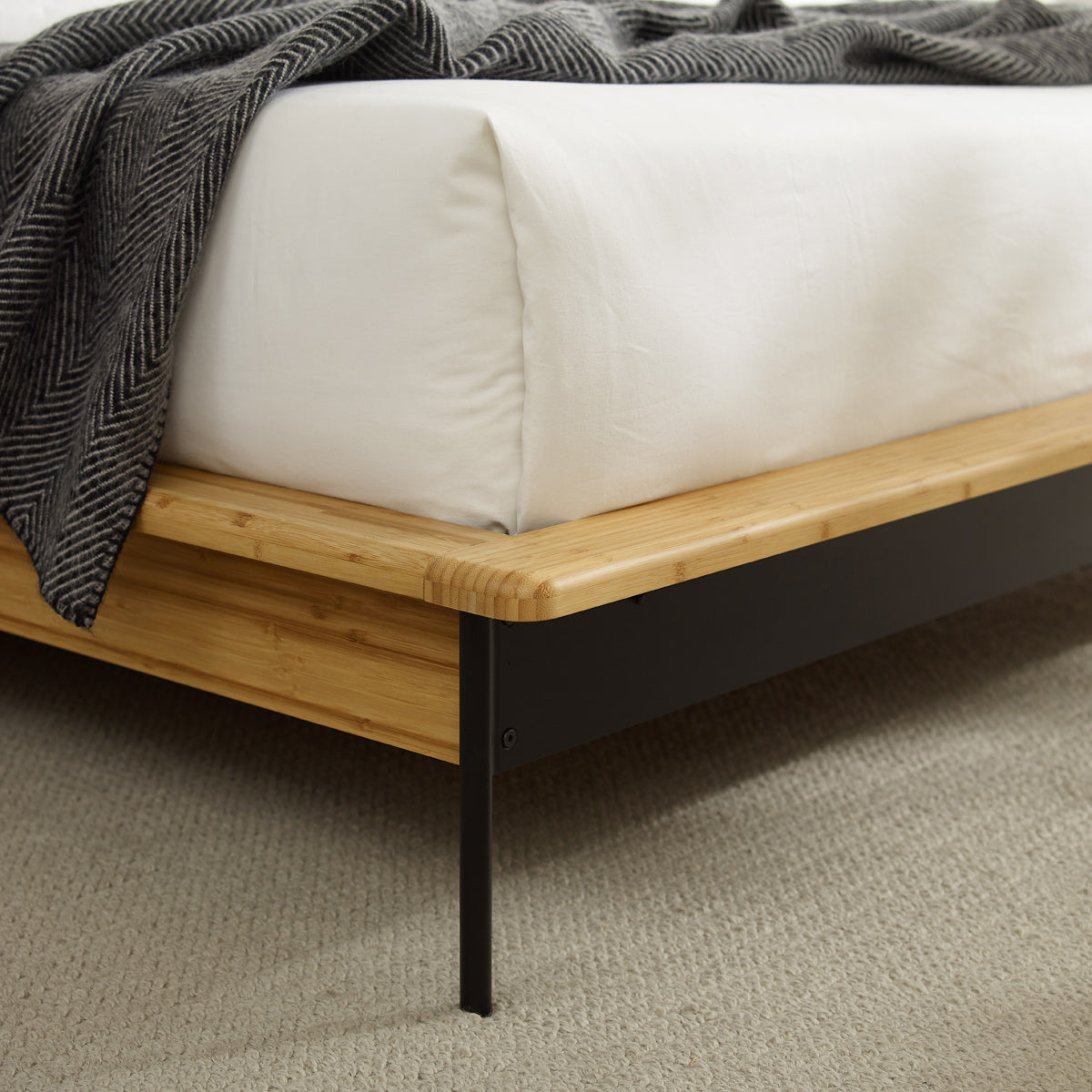 Santa Cruz Platform Bed with Fabric by Greenington, showing closeup view of santa cruz platform bed with fabric in live shot.