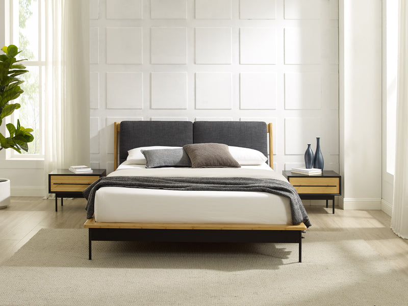 Santa Cruz Platform Bed with Fabric by Greenington, showing santa cruz platform bed with fabric in live shot.