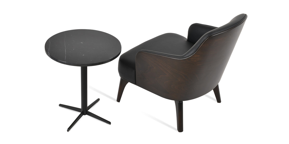 Saphire Arm Chair by SohoConcept, showing back view of saphire arm chair in wenge finish/black leatherette with table.