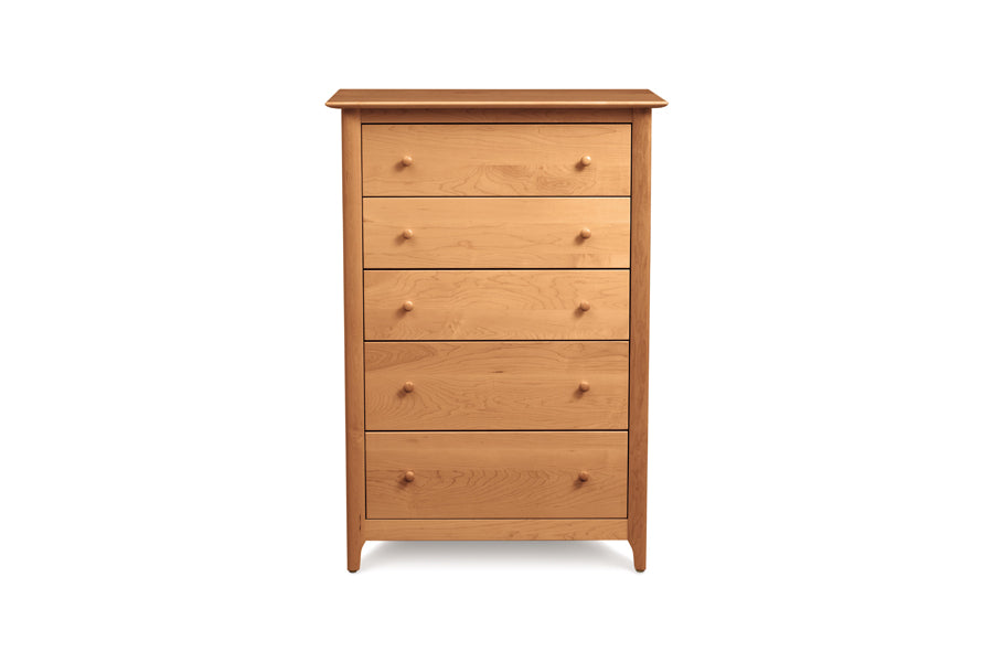 Sarah 45"H Headboard and Low Footboard Queen/King Bedroom Collection by Copeland Furniture, showing front view of sarah 45"h headboard and low footboard queen/king bedroom collection in 5 drawers chest/natural cherry.