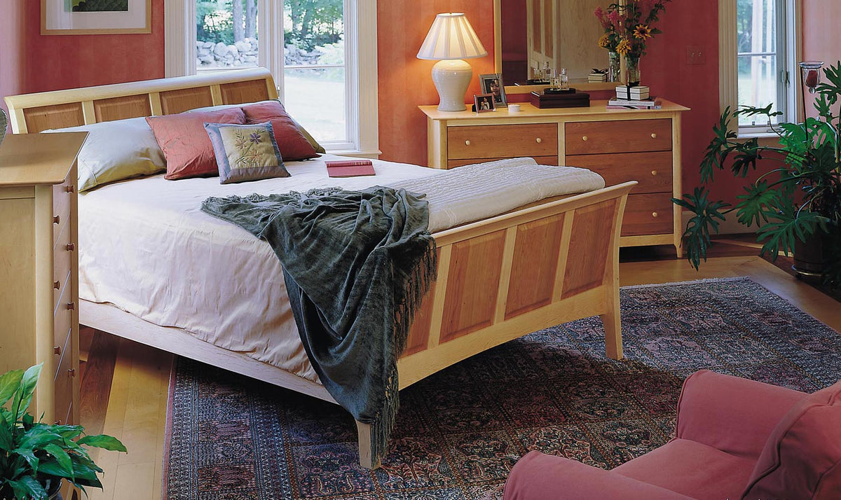 Sarah Cherry/Maple Bed with 45"H Headboard/Footboard Bedroom Collection by Copeland Furniture, showing sarah cherry/maple bed with 45"h headboard/footboard bedroom collection in live shot.