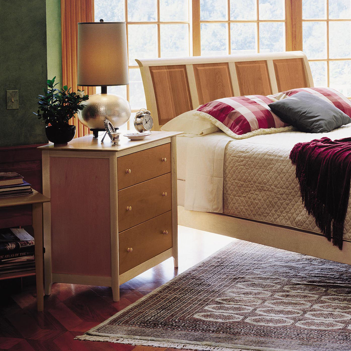 Sarah Cherry/Maple Bed with 45"H Headboard/Footboard Bedroom Collection by Copeland Furniture, showing closeup view of sarah cherry/maple bed with 45"h headboard/footboard bedroom collection in live shot.