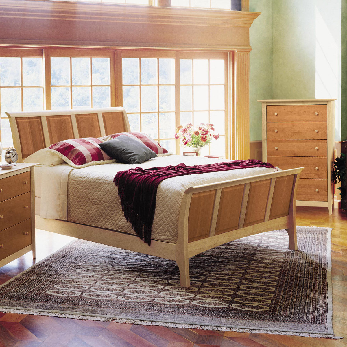 Sarah Cherry/Maple Bed with 45"H Headboard/Footboard Bedroom Collection by Copeland Furniture, showing closeup view of sarah cherry/maple bed with 45"h headboard/footboard bedroom collection in live shot.