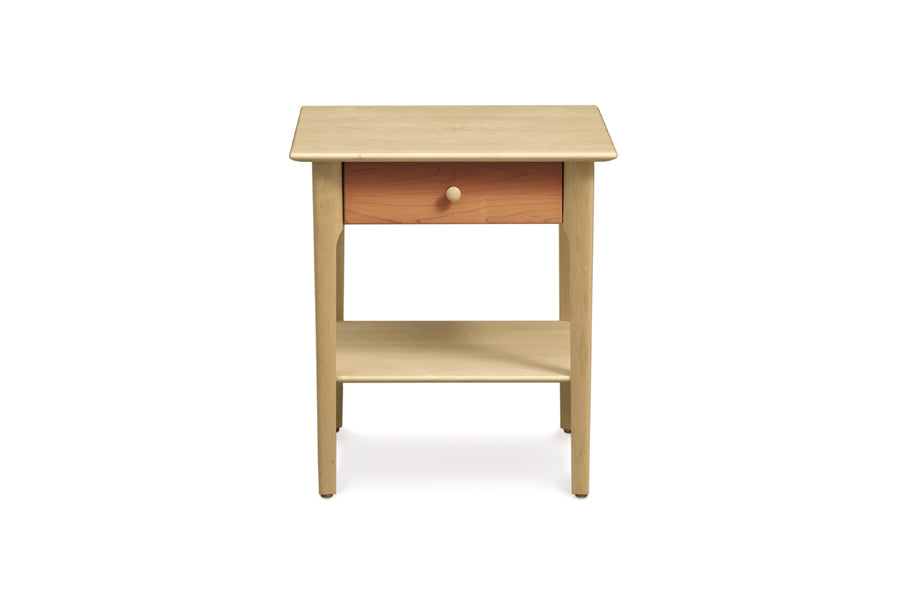Sarah Cherry/Maple Bed with 45"H Headboard/Footboard Bedroom Collection by Copeland Furniture, showing front view of sarah cherry/maple bed with 45"h headboard/footboard bedroom collection in 1 drawer nightstand/cherry/maple finish.