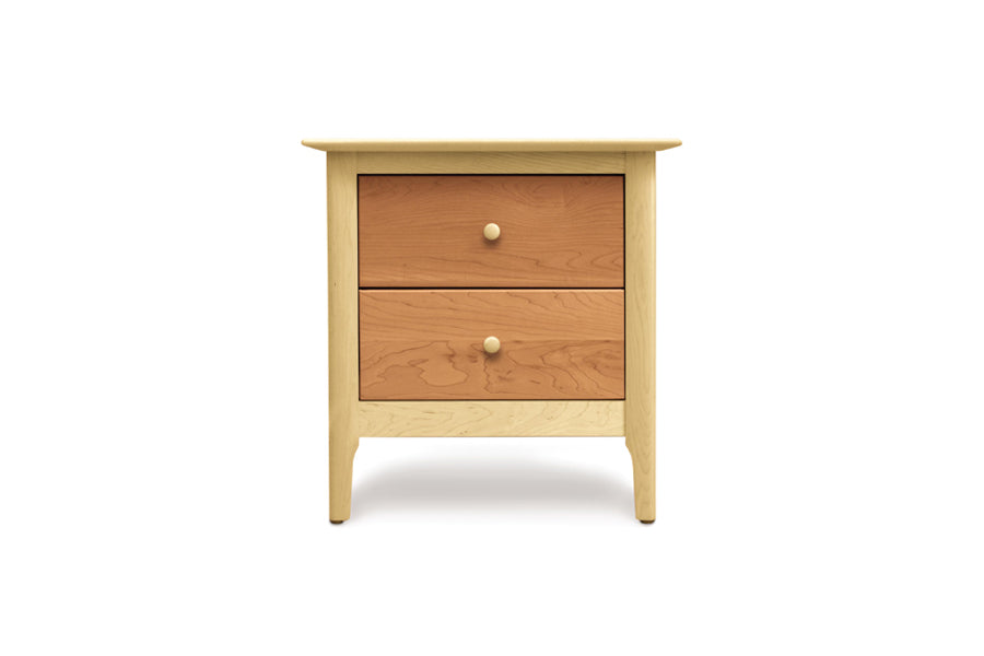 Sarah Cherry/Maple Bed with 45"H Headboard/Footboard Bedroom Collection by Copeland Furniture, showing front view of sarah cherry/maple bed with 45"h headboard/footboard bedroom collection in 2 drawers nightstand/cherry/maple finish.