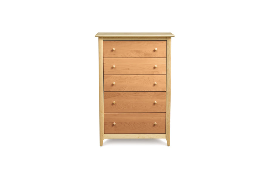 Sarah Cherry/Maple Bed with 45"H Headboard/Footboard Bedroom Collection by Copeland Furniture, showing front view of sarah cherry/maple bed with 45"h headboard/footboard bedroom collection in 5 drawers chest/cherry/maple finish.