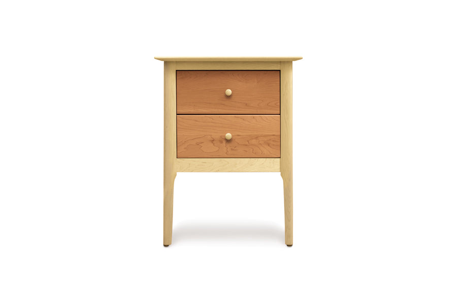 Sarah Cherry/Maple with 51"H Headboard/Footboard Bedroom Collection by Copeland Furniture, showing front view of sarah cherry/maple with 51"h headboard/footboard bedroom collection in 2 drawer nightstand/natural cherry.