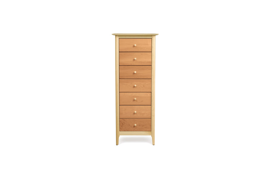 Sarah Cherry/Maple with 51"H Headboard/Footboard Bedroom Collection by Copeland Furniture, showing front view of sarah cherry/maple with 51"h headboard/footboard bedroom collection in 7 drawer chest/natural cherry.