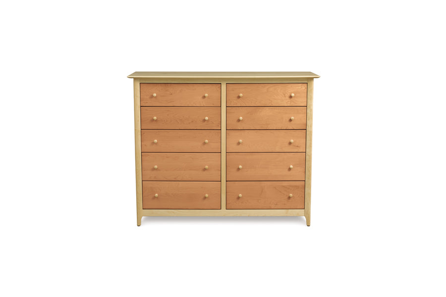 Sarah Cherry/Maple with 51"H Headboard/Footboard Bedroom Collection by Copeland Furniture, showing front view of sarah cherry/maple with 51"h headboard/footboard bedroom collection in 10 drawer dresser/natural cherry.