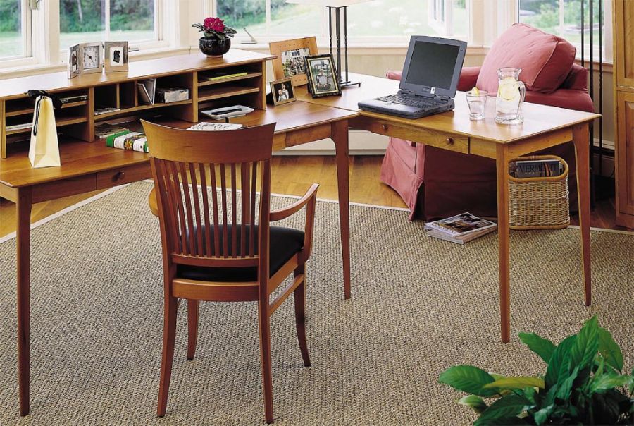 Sarah Desk with Keyboard Tray by Copeland Furniture, showing closeup view of sarah desk with keyboard tray in live shot.