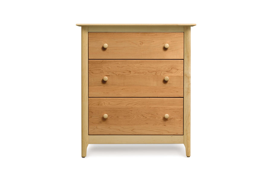 Sarah Dresser by Copeland Furniture, showing front view of sarah dresser in 3 drawers/cherry/maple.