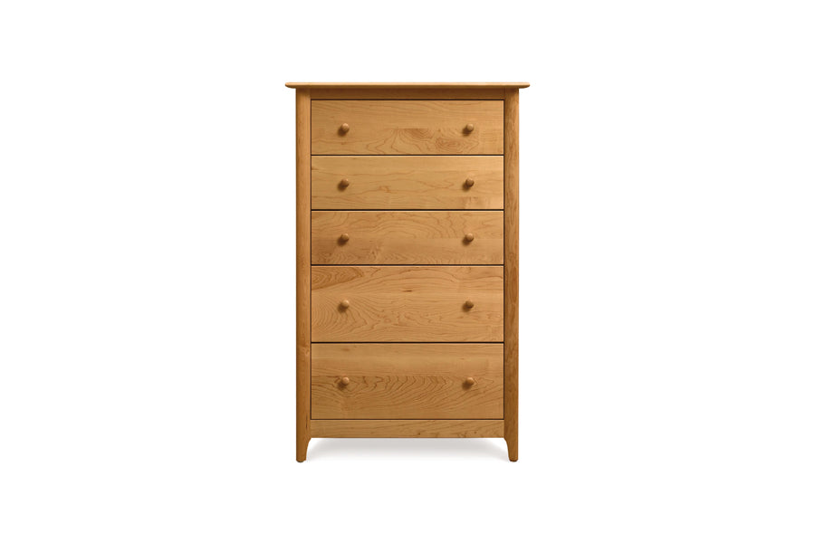 Sarah Dresser by Copeland Furniture, showing front view of sarah dresser in 5 drawers chest/natural cherry.