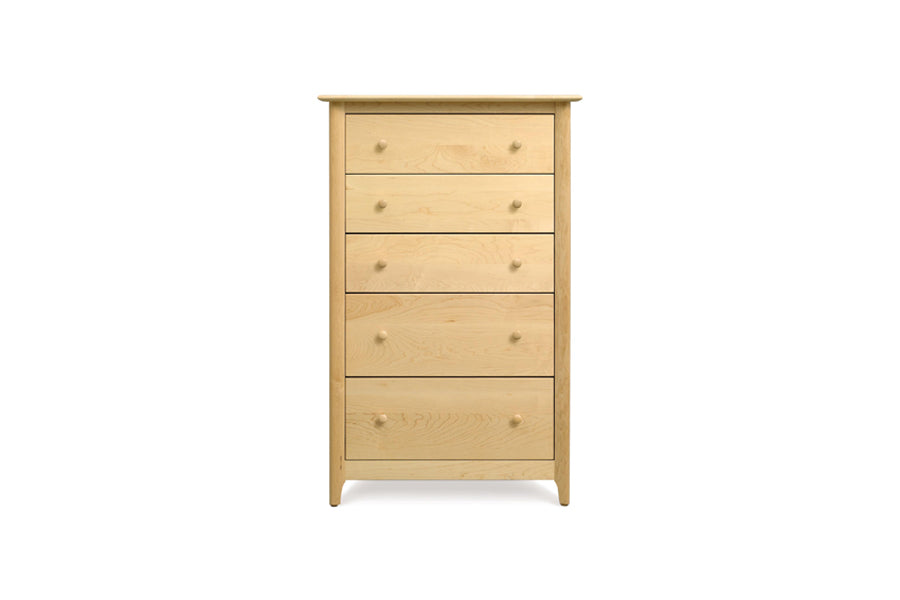 Sarah Dresser by Copeland Furniture, showing front view of sarah dresser in 5 drawers chest/natural maple.
