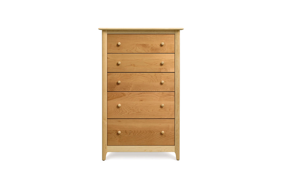Sarah Dresser by Copeland Furniture, showing front view of sarah dresser in 5 drawers chest/cherry/maple.