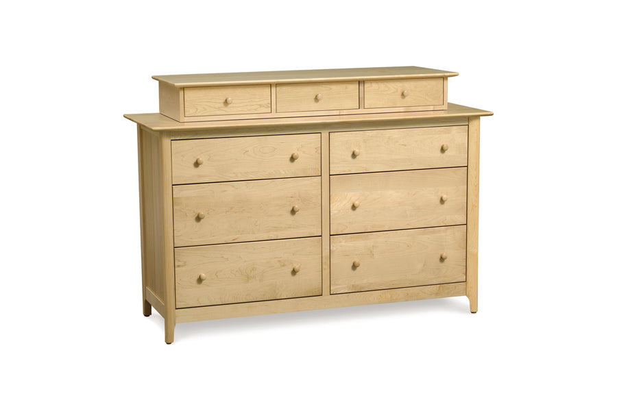 Sarah Dresser Accessory Case by Copeland Furniture, showing angle view of sarah dresser accessory case in natural maple with sarah dresser.