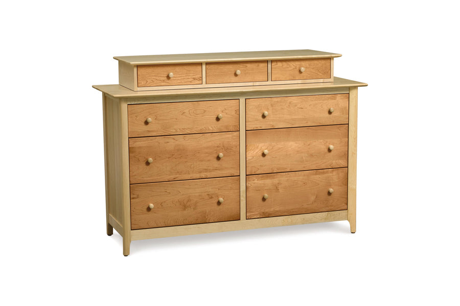 Sarah Dresser Accessory Case by Copeland Furniture, showing angle view of sarah dresser accessory case in cherry/maple with sarah dresser.
