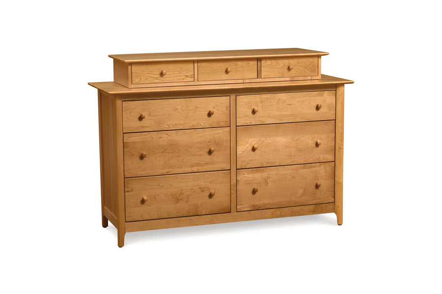 Sarah Dresser Accessory Case by Copeland Furniture, showing angle view of sarah dresser accessory case in natural cherry with sarah dresser.
