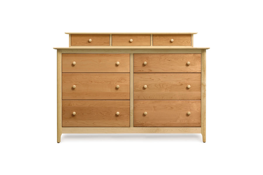 Sarah Dresser Accessory Case by Copeland Furniture, showing front view of sarah dresser accessory case in cherry/maple with sarah dresser.