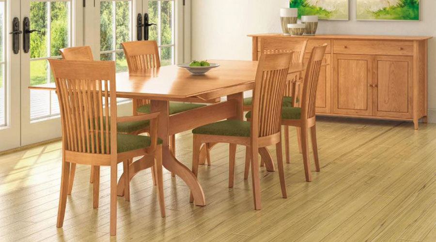 Sarah Four Leg Extension Table with Easystow Extension and Leaf Storage by Copeland Furniture, showing sarah four leg extension table with easystow extension and leaf storage in live shot.