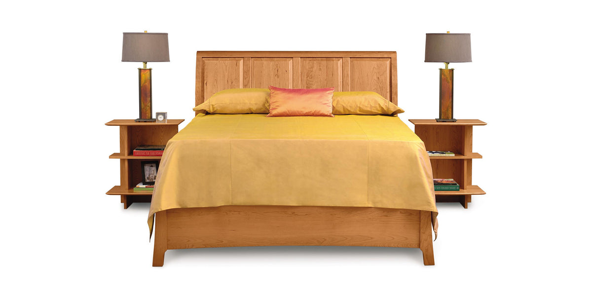 Sarah Nightstand by Copeland Furniture, showing front view of sarah nightstands in left & right/natural cherry with bed.