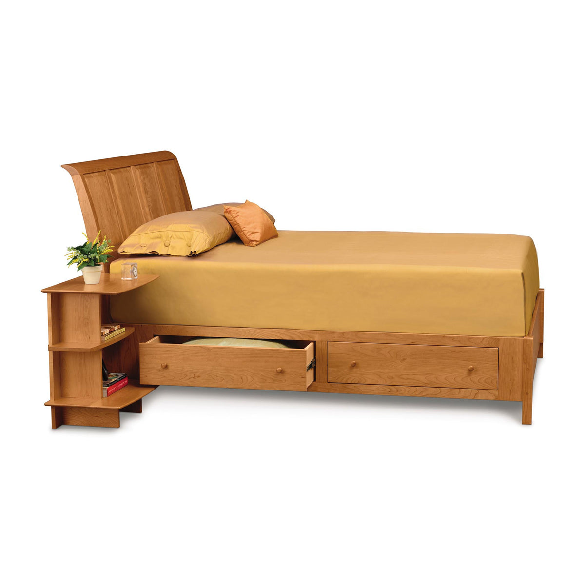 Sarah Nightstand by Copeland Furniture, showing side view of sarah nightstand in left/natural cherry with bed.