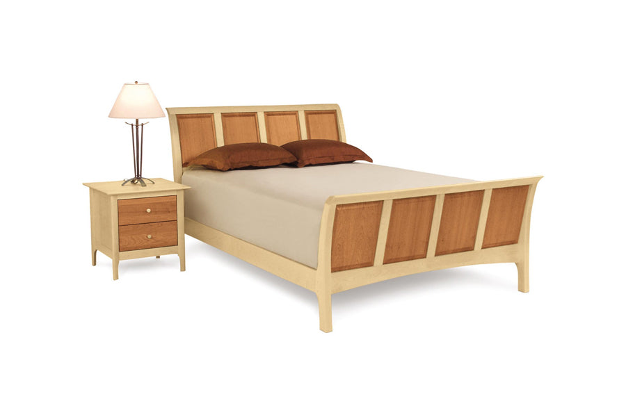 Sarah Nightstand by Copeland Furniture, showing angle view of sarah nightstand in 24" high 2 drawers cherry/maple with bed.