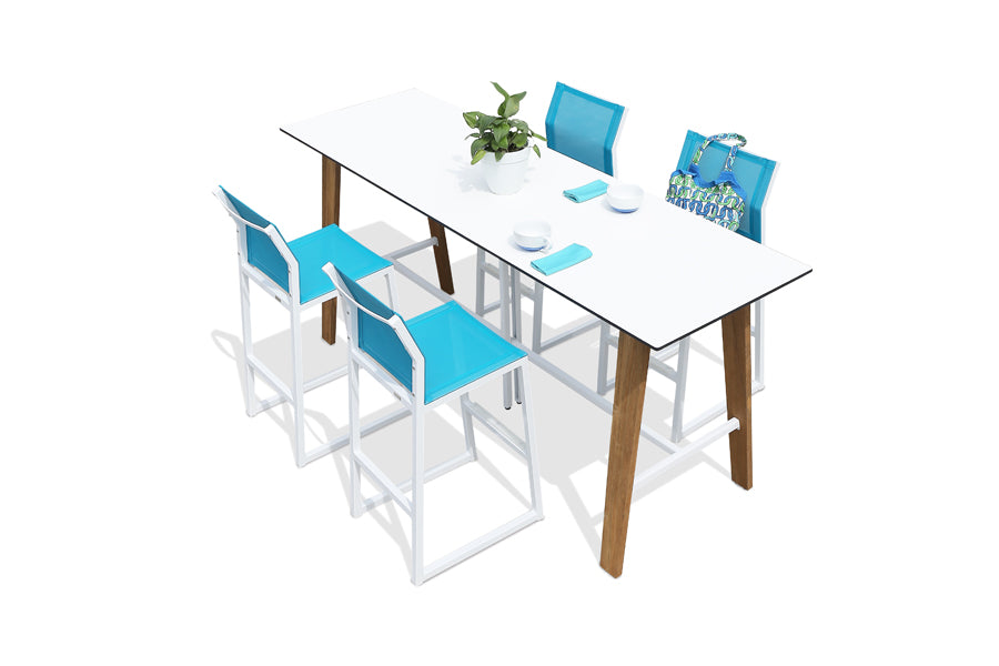 Sato Bar Table by Mamagreen, showing top view of sato bar table in alpes white HPL/rustic recycled teak wood with bar chairs.