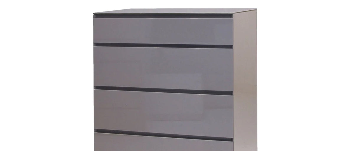 Savvy 5-Drawer Chest by Mobital, showing closeup view of savvy 5-drawer chest in high gloss light grey/light grey glass top with silver base.