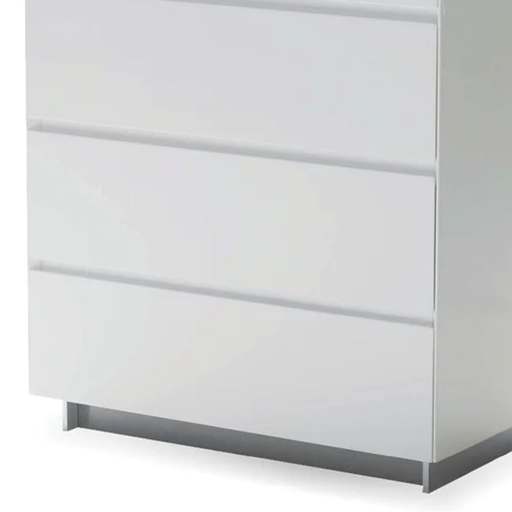 Savvy 5-Drawer Chest by Mobital, showing closeup view of savvy 5-drawer chest in high gloss white/white glass top with silver base.
