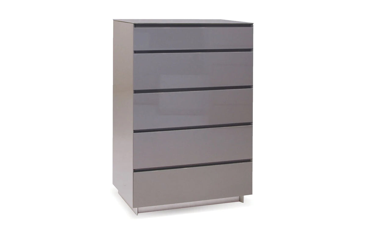 Savvy 5-Drawer Chest by Mobital - High Gloss Light Grey/Light Grey Glass Top with Silver Base.