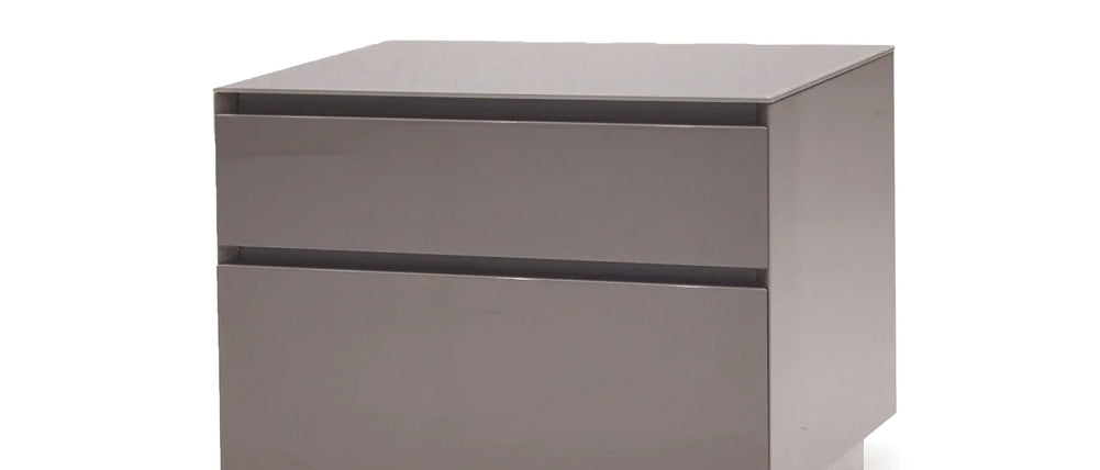 Savvy Night Table by Mobital, showing closeup view of savvy night table in high gloss light grey/light grey glass top with silver base.