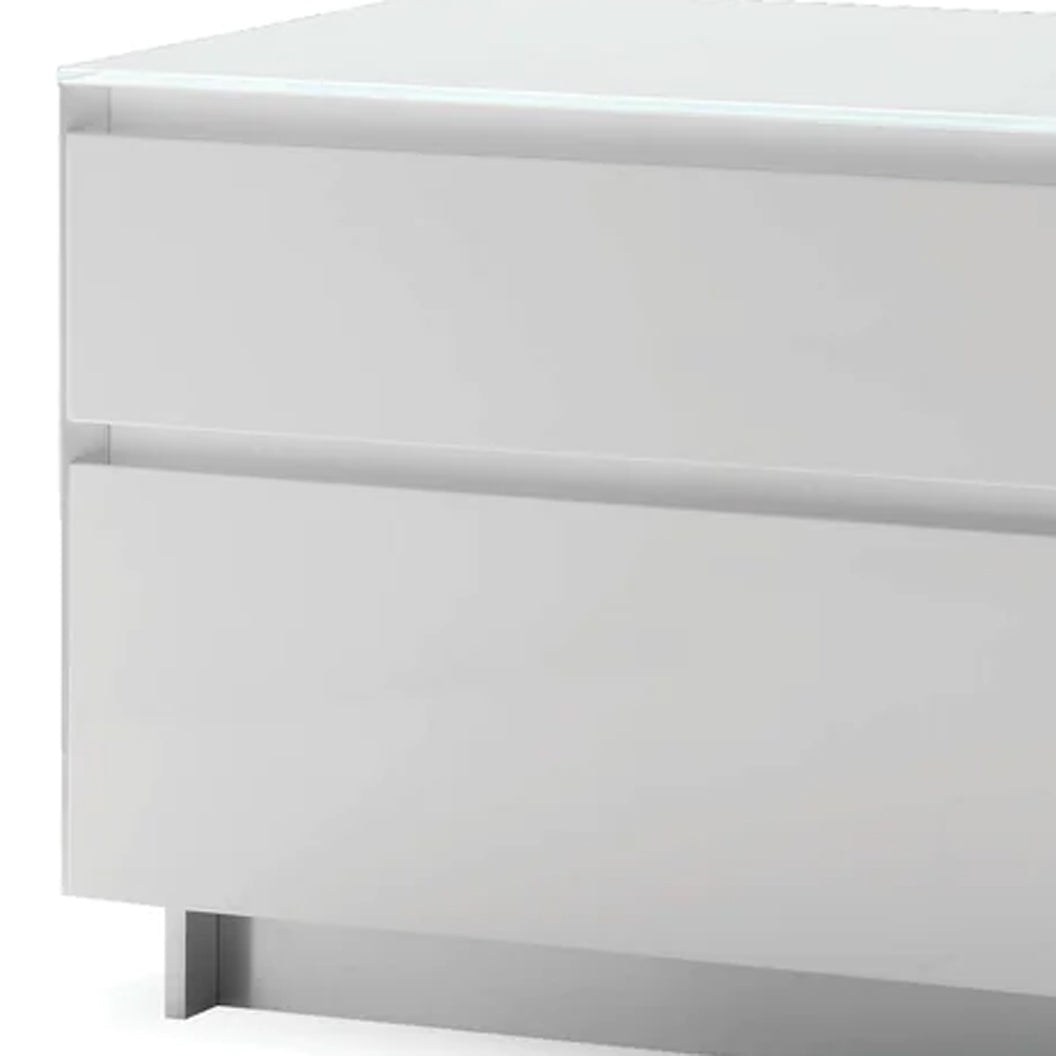 Savvy Night Table by Mobital, showing closeup view of savvy night table in high gloss white/white glass top with silver base.
