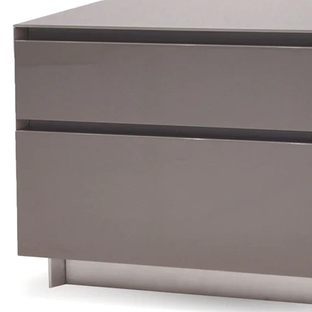 Savvy Night Table by Mobital, showing closeup view of savvy night table in high gloss light grey/light grey glass top with silver base.
