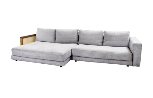 Scale 2-Seater Sofa with Double Daybed & Armrests by Cane-Line - Right Oak & Left Fabric. Armrests, Light Grey Ambience Fabric.