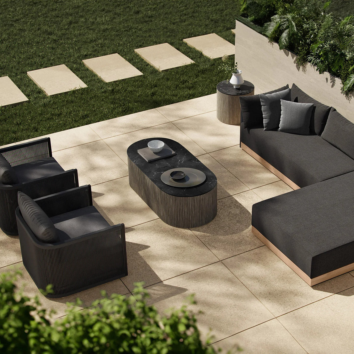 Selca Outdoor Coffee Table by Viesso, showing selca outdoor coffee table in live shot.