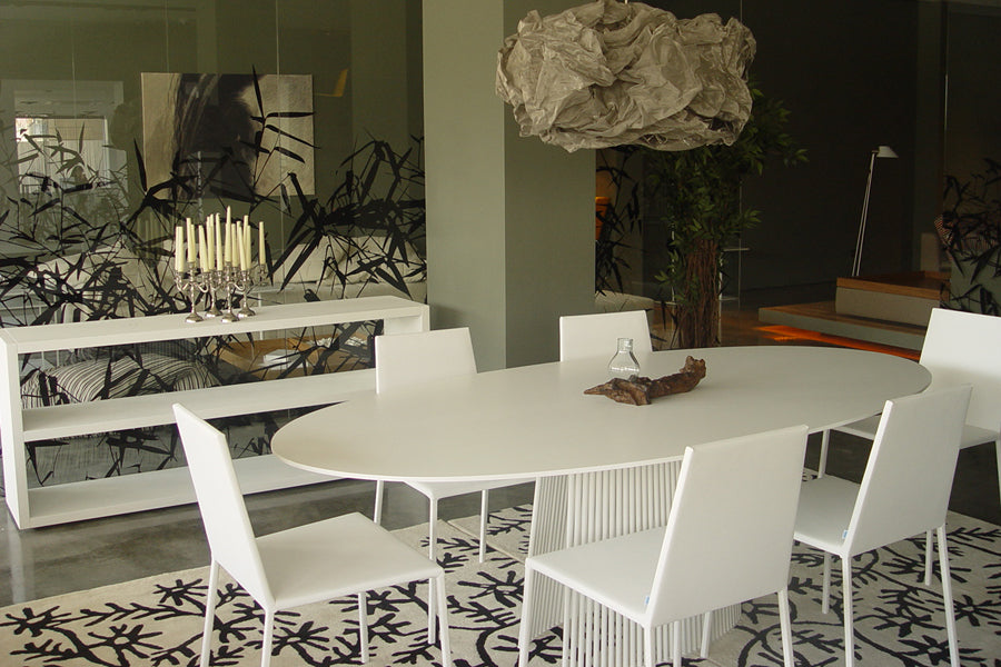 Seri Pedestal Table by B&T, showing seri pedestal table in live shot.