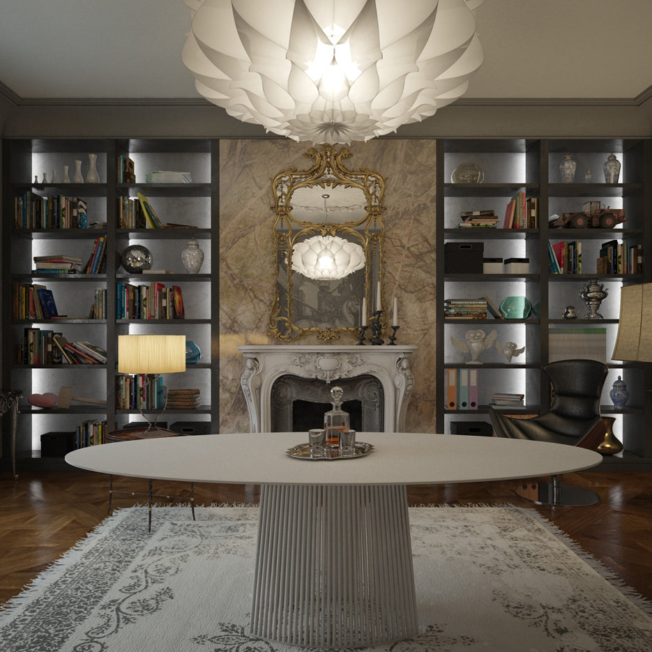 Seri Pedestal Table by B&T, showing seri pedestal table in live shot.