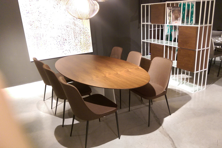 Seri Pedestal Table by B&T, showing seri pedestal table in live shot.