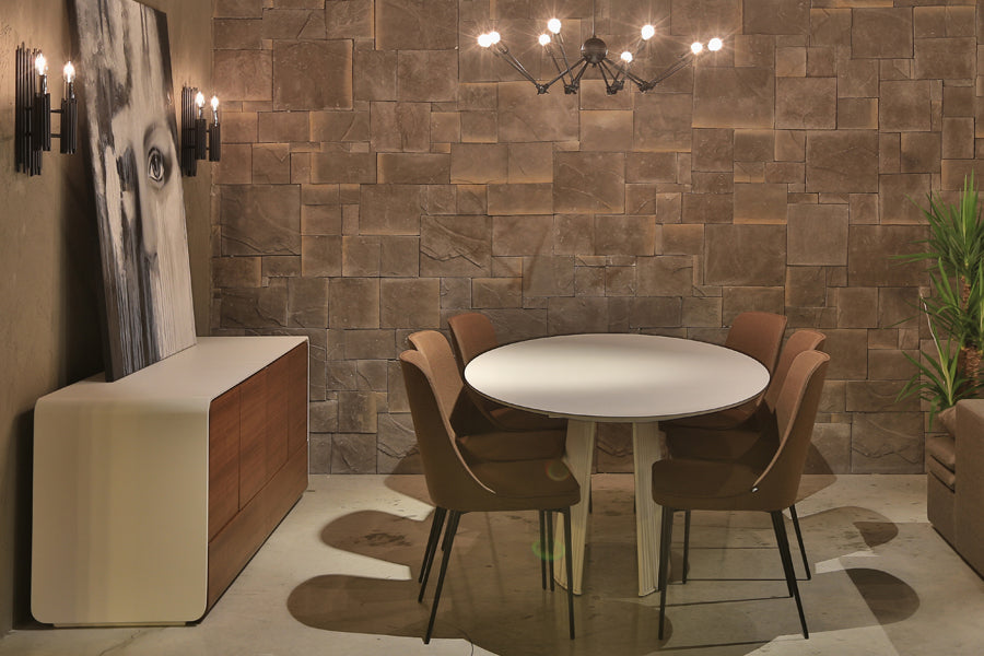 Seri Pedestal Table by B&T, showing seri pedestal table in live shot.