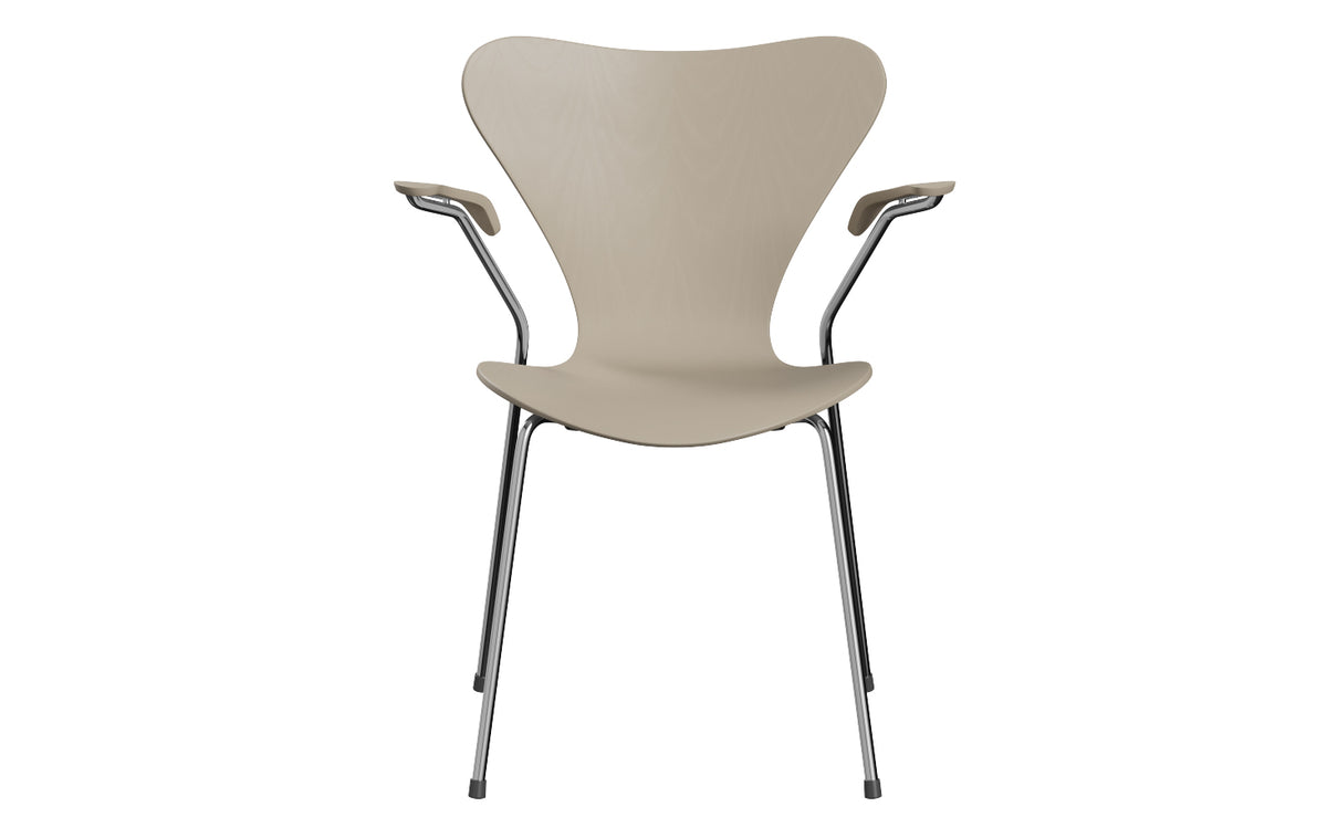 Series 7 Armchair by Fritz Hansen, showing front view of series 7 armchair in chrome powder coated Steel/colored ash veneer wood shell group.