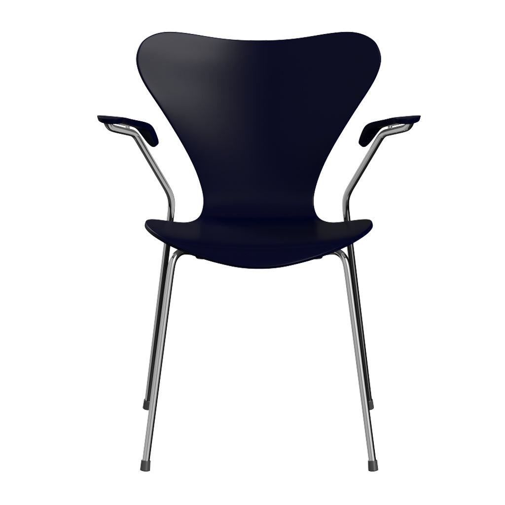 Series 7 Armchair by Fritz Hansen, showing front view of series 7 armchair in chrome powder coated Steel/lacquered veneer wood shell group.