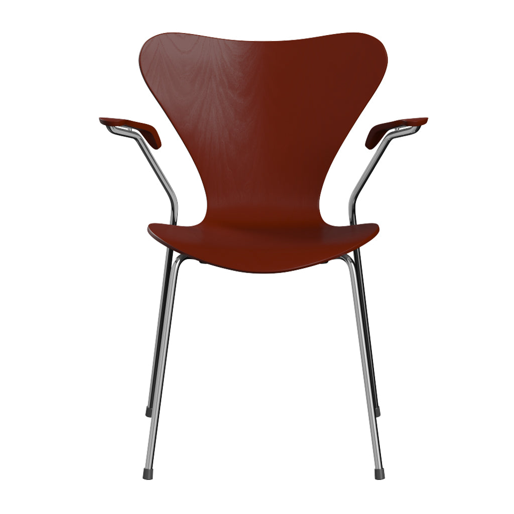 Series 7 Armchair by Fritz Hansen, showing front view of series 7 armchair in chrome powder coated Steel/colored ash veneer wood shell group.