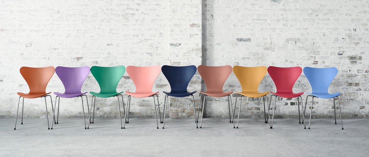 Series 7 Chair by Fritz Hansen, showing series 7 chairs in live shot.