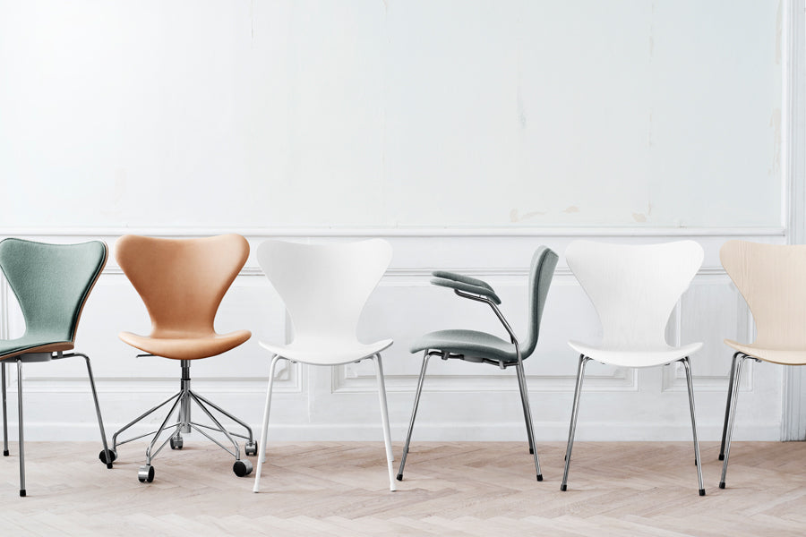 Series 7 Chair by Fritz Hansen, showing series 7 chairs in live shot.